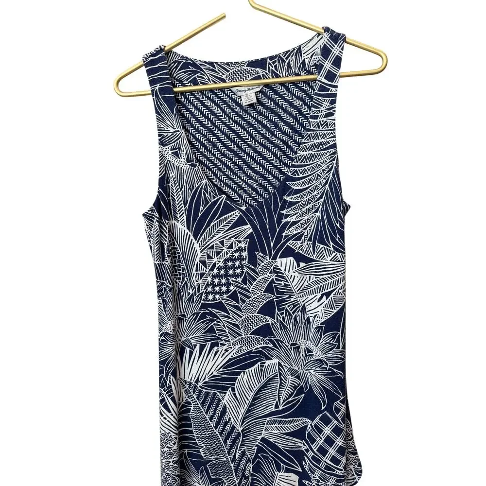 TOMMY BAHAMA Navy White Chevron Leaf Maxi Dress S Tulip High Low Hem Shell EUC - Picture 4 of 6